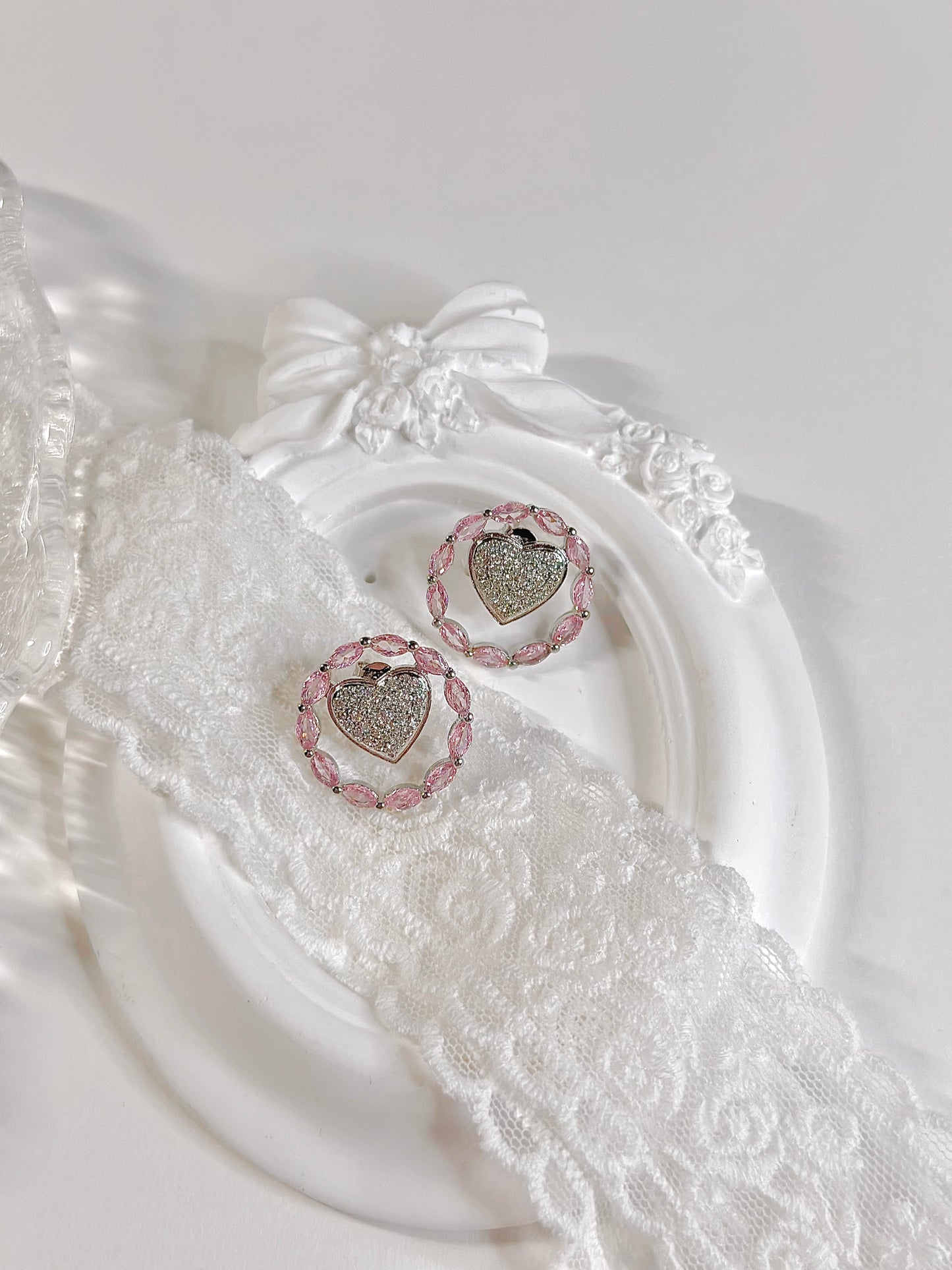 Pink Heart Circle Stud Earrings