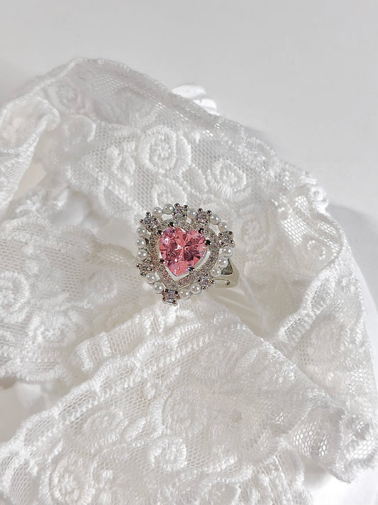 Luxury Vintage Pink Heart Pearl Ring