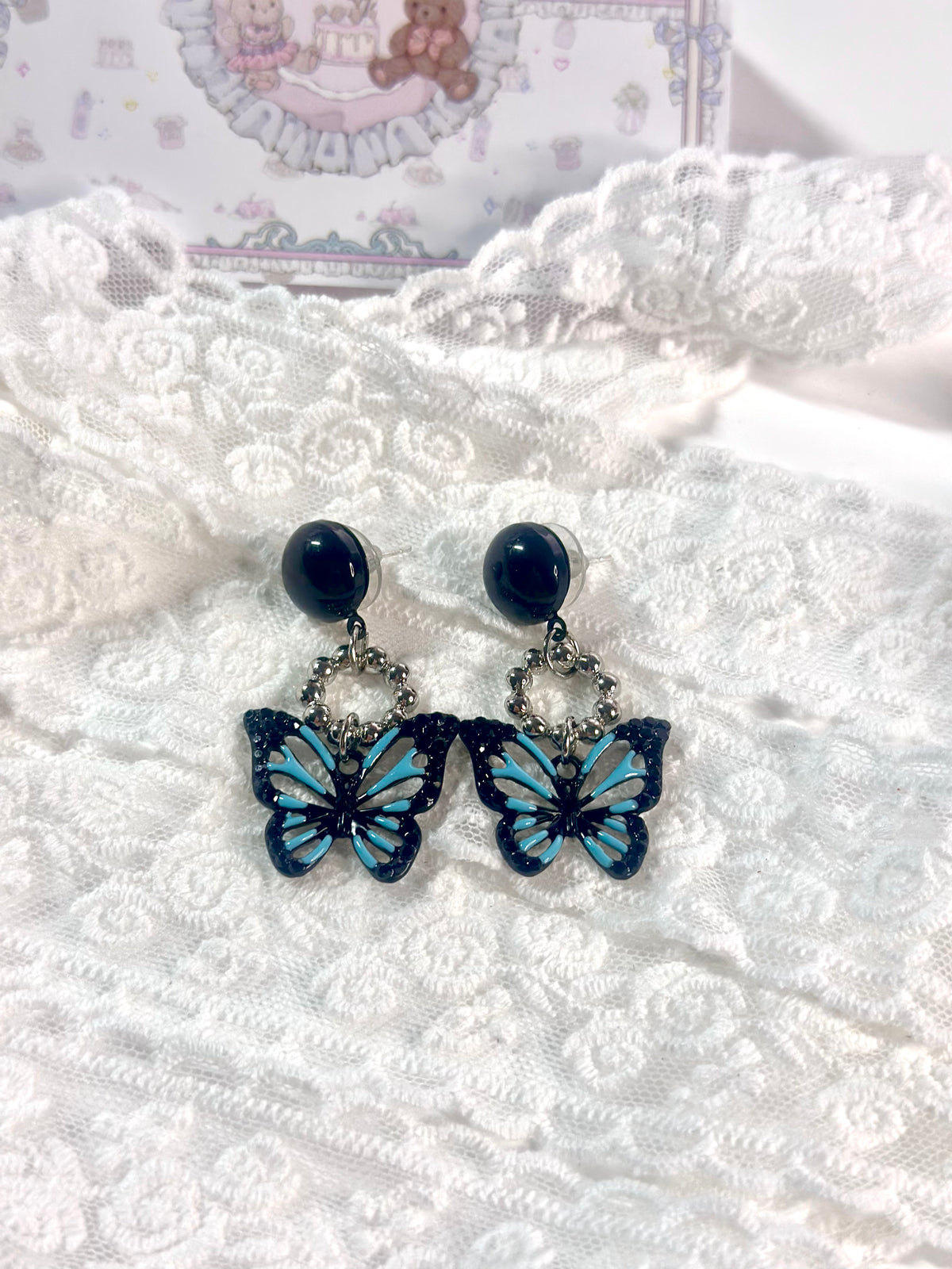 Silver Black Butterfly Stud Earrings