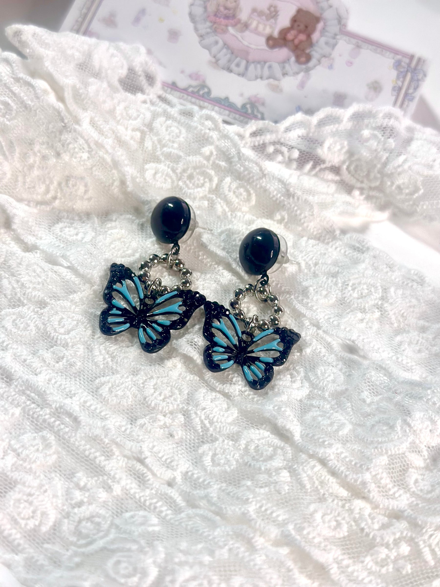 Silver Black Butterfly Stud Earrings