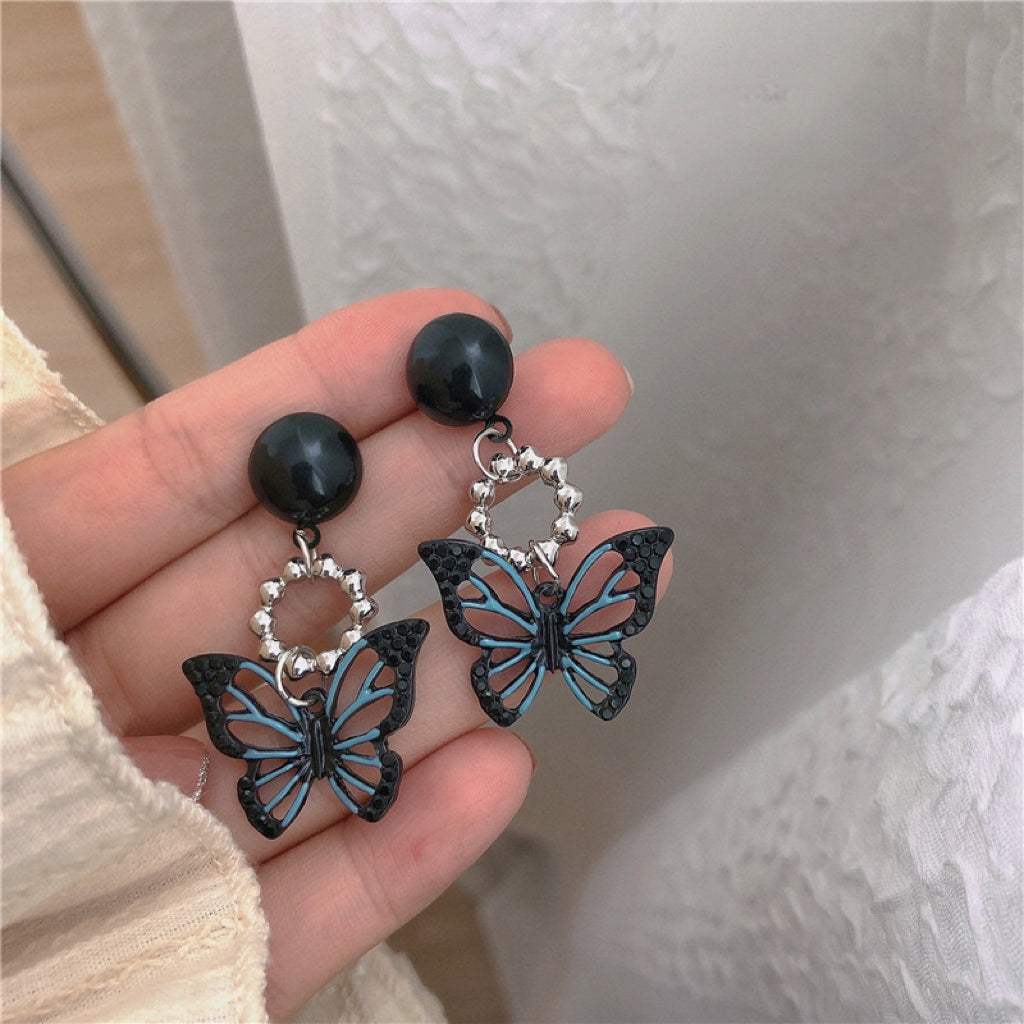 Silver Black Butterfly Stud Earrings