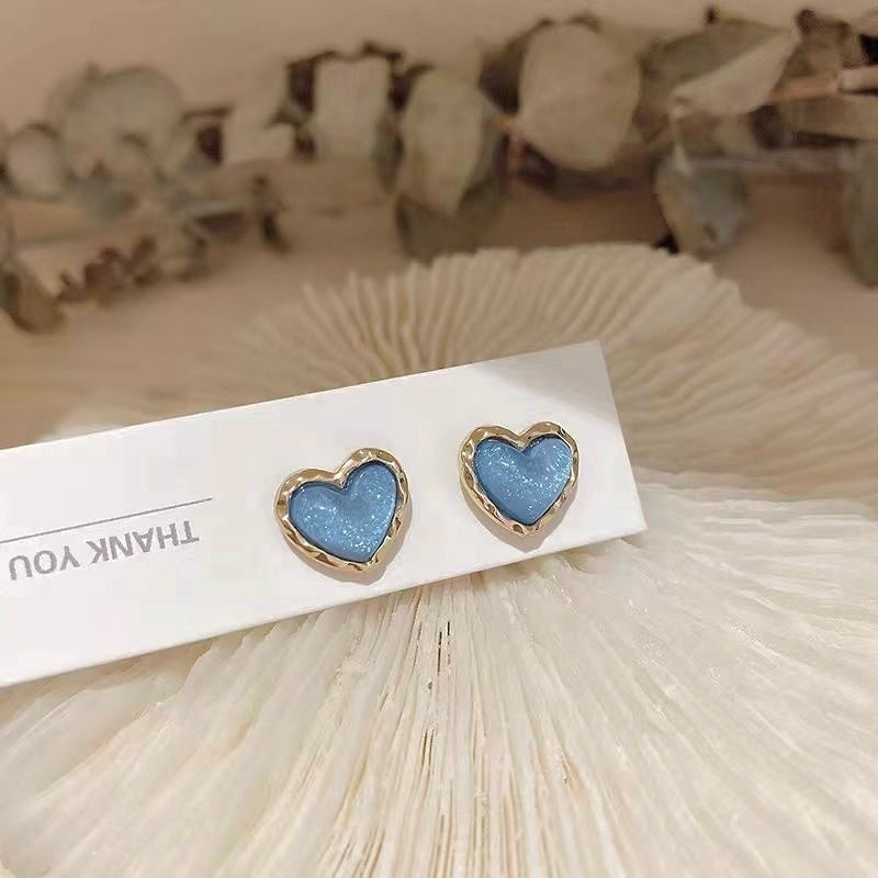 Gold Small Blue Heart Stud Earrings