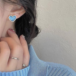 Gold Small Blue Heart Stud Earrings