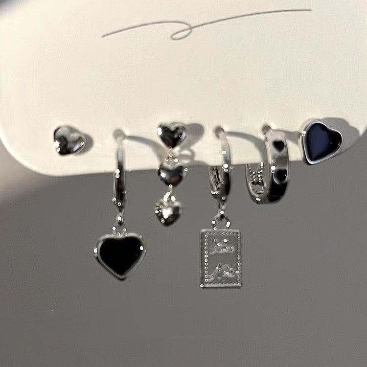 Silver Black Heart Stud Earrings