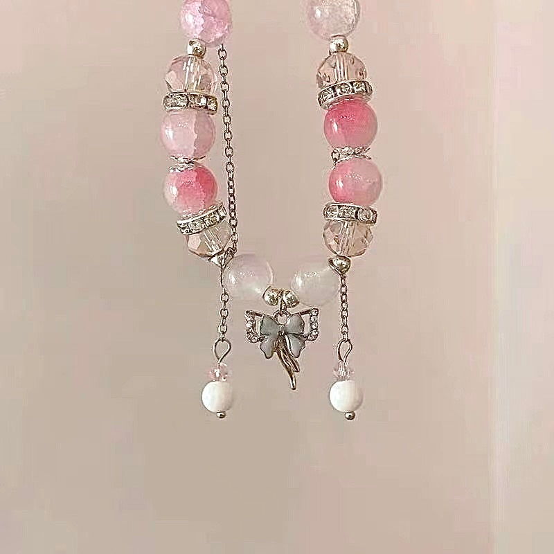 Pink Bow Pendant Tassel Bracelet