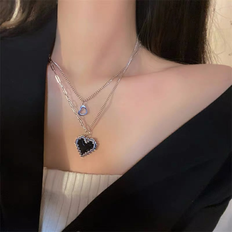 Y2K Stainless Steel Metal Double Black Heart Necklace