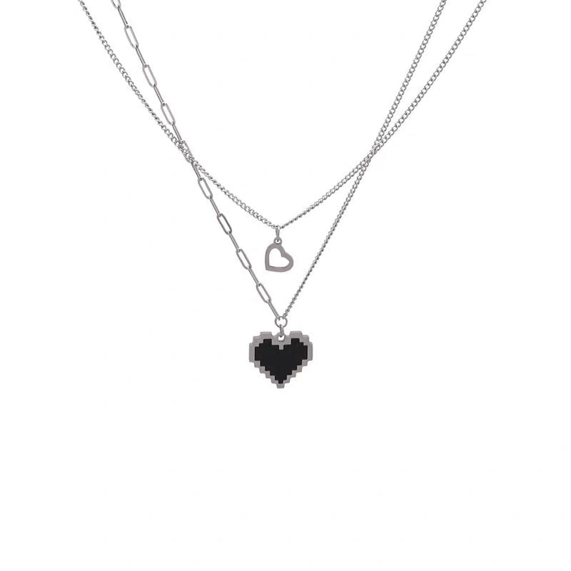 Y2K Stainless Steel Metal Double Black Heart Necklace