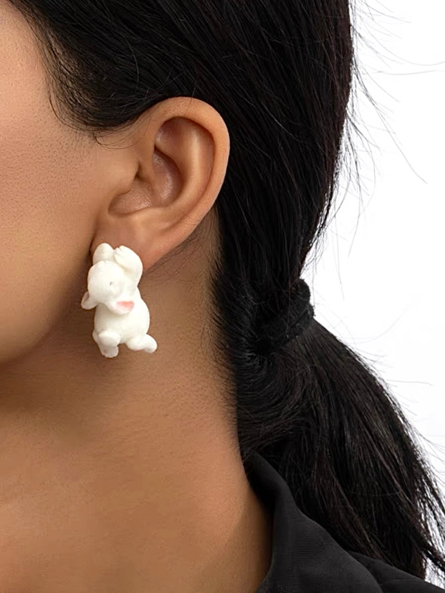 Cute White Velvet Rabbits Stud Earrings