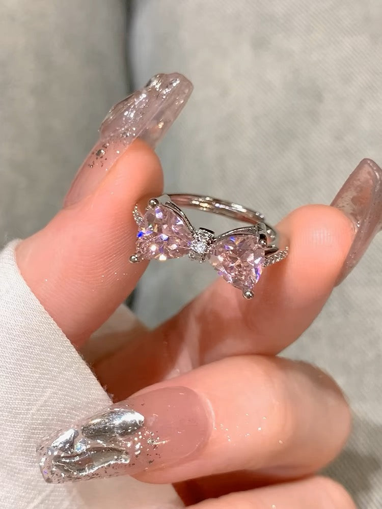 Y2k Silver Pink Bow Ring