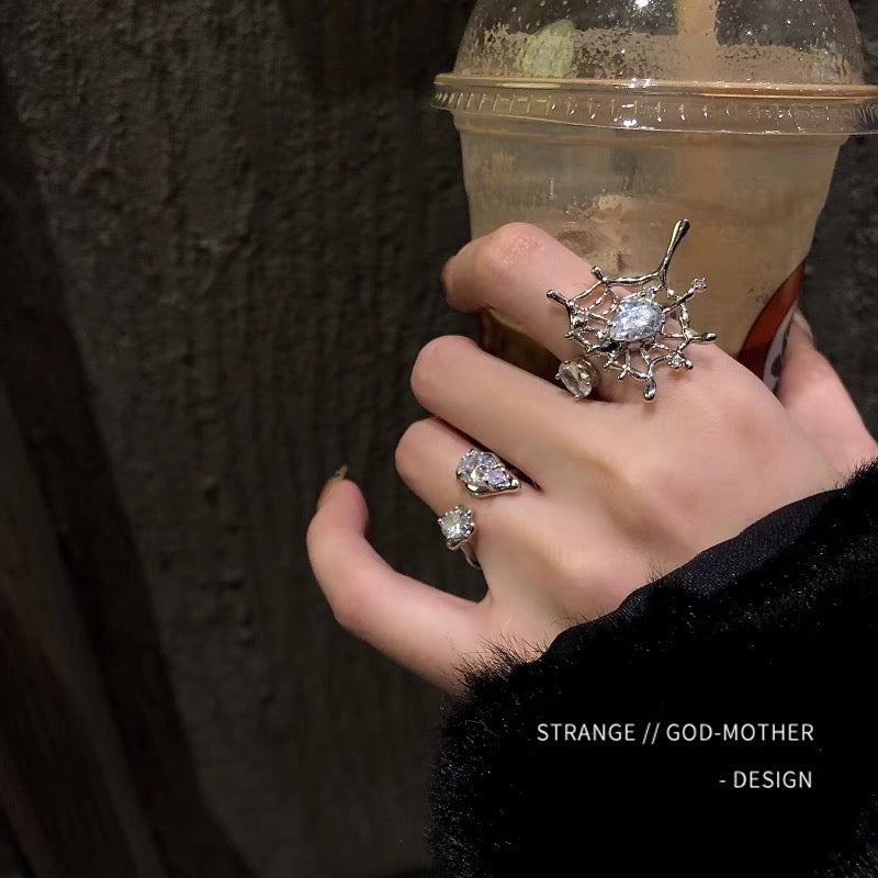 Y2k Silver Spider Web Set Ring