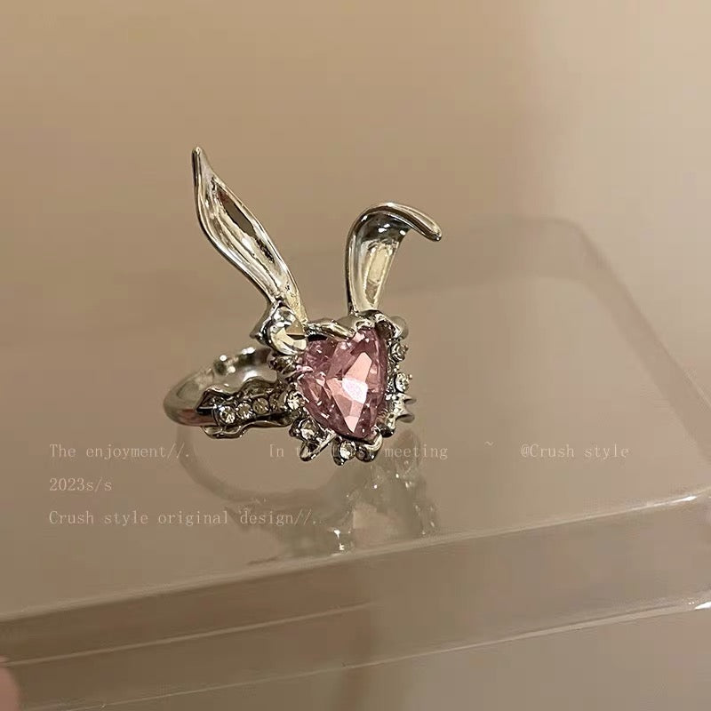 Y2k Silver Pink Rabbit Ring