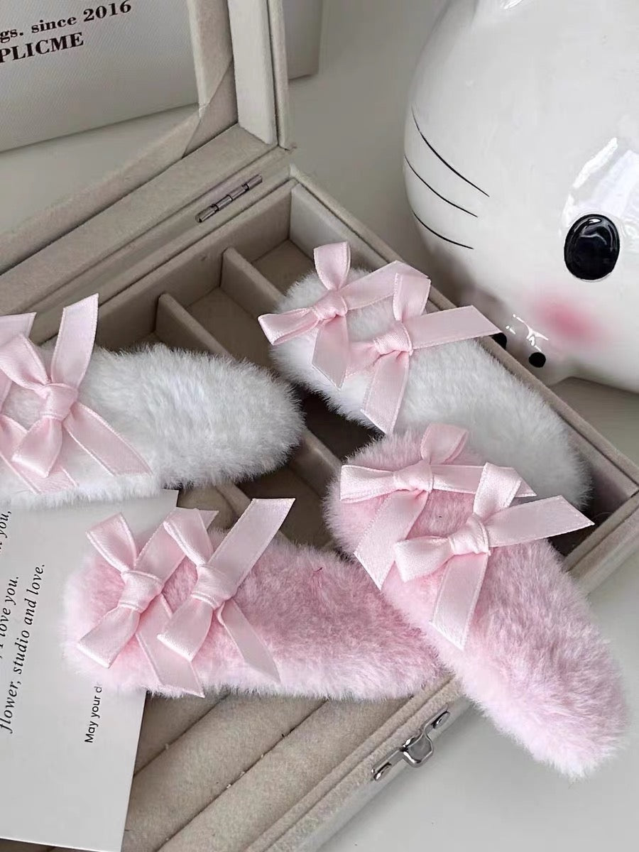 Pink/White Bow Plush Hair Clip