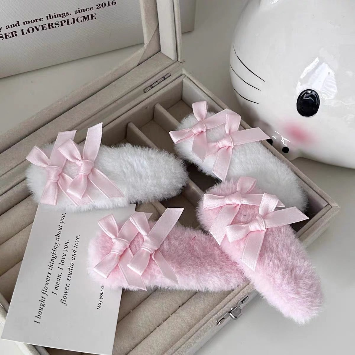 Pink/White Bow Plush Hair Clip