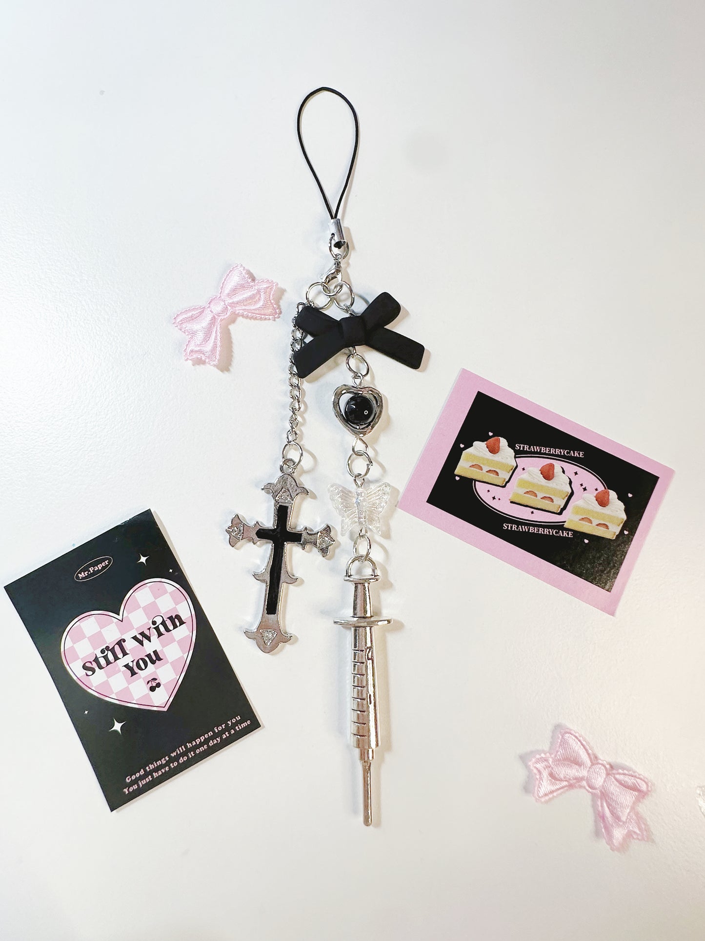 Black Bow and Cross Y2k Phone Charm/Keychain