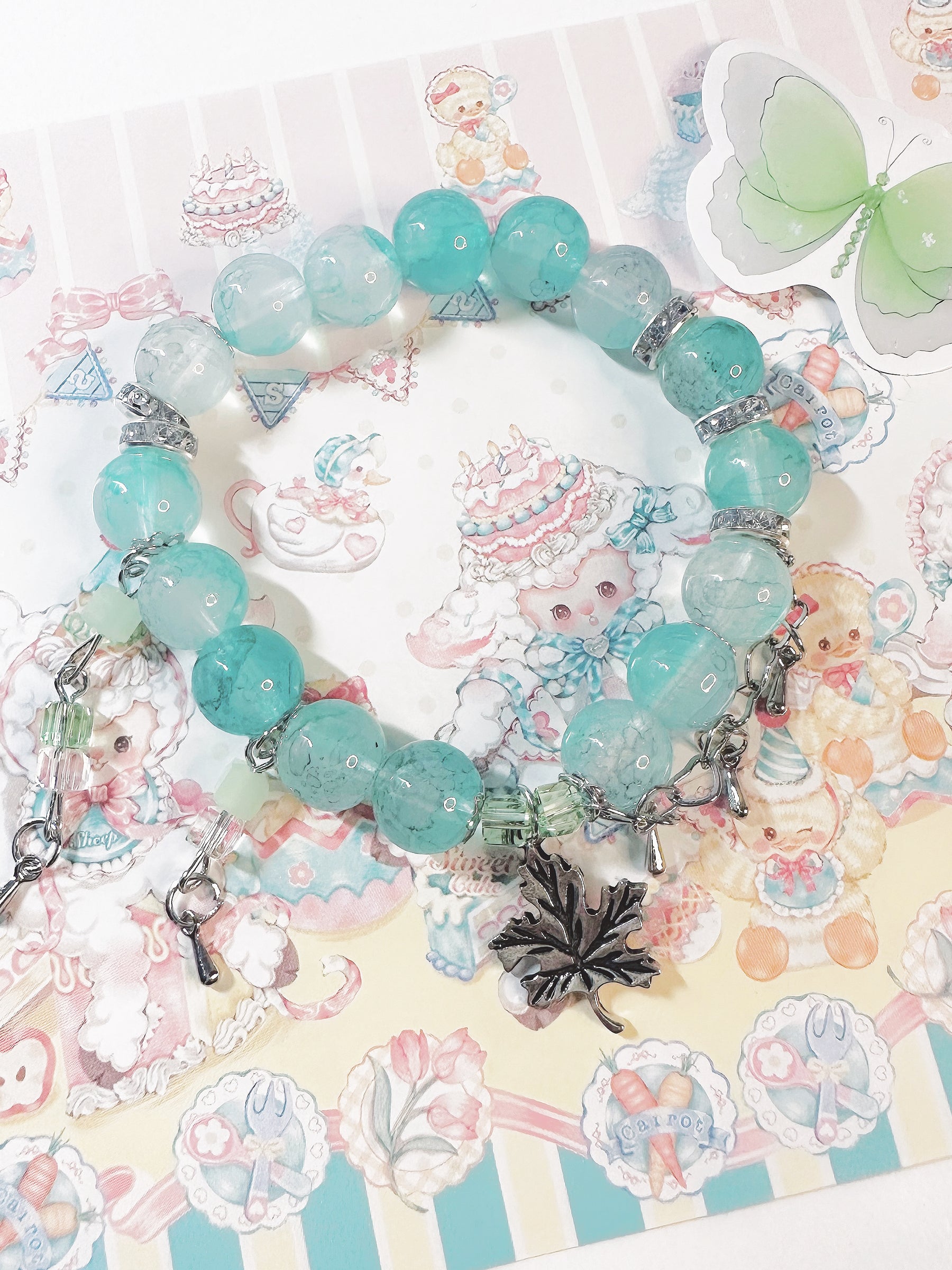 Green Maple Leaf Pendant Tassel Bracelet