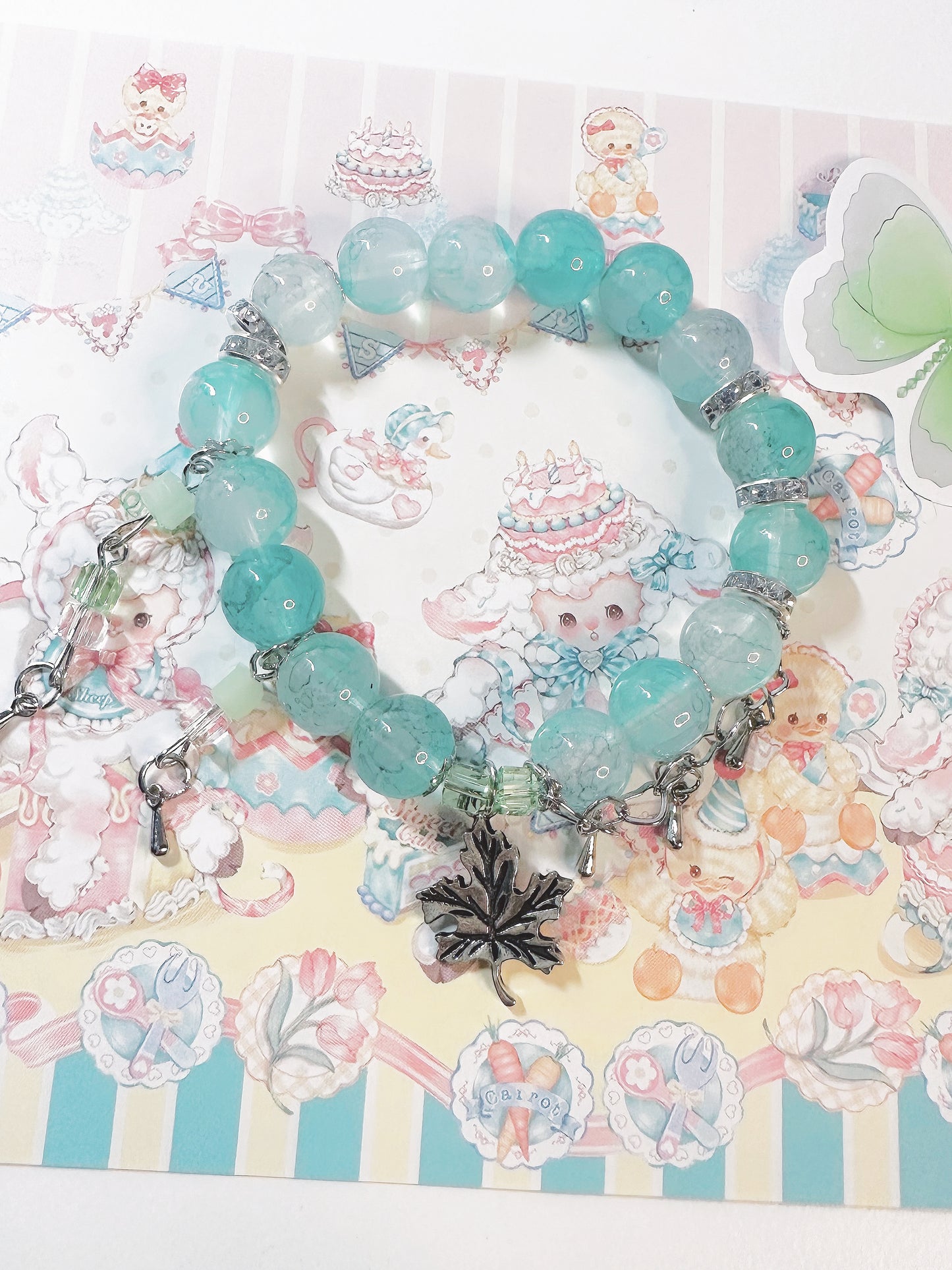 Green Maple Leaf Pendant Tassel Bracelet